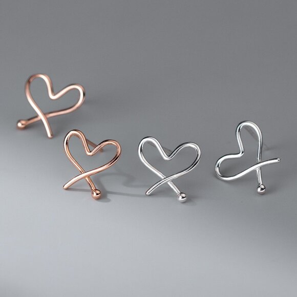 Sterling Silver Heart Earrings | Classic Minimal Unique Heart Anniversary Gifts - Picture 2 of 5